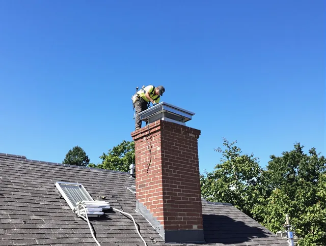 Barberton Chimney Sweep technician measuring a chimney cap in Barberton, OH